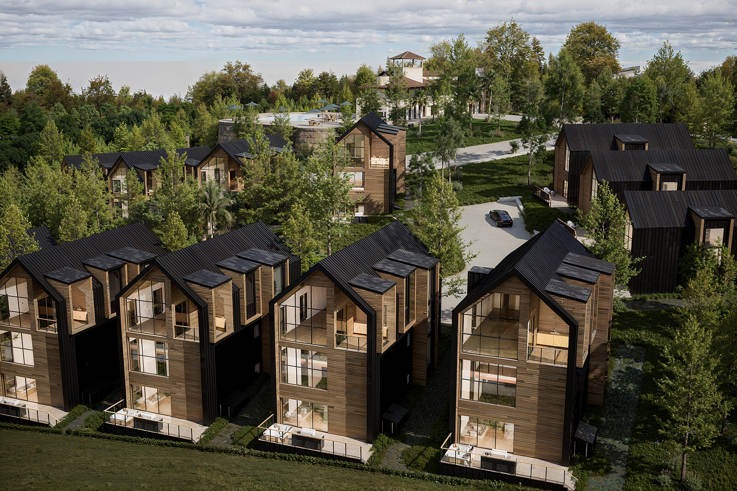 Aerial render of Lakewood residences around the clubhouse